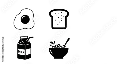 Set of Breakfast Food Icons: Egg, Bread, Milk and Cereal Bowl