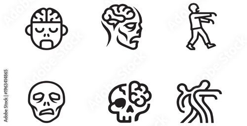 Collection of stylized line art icons representing zombies and their brains, suitable for horror themes.