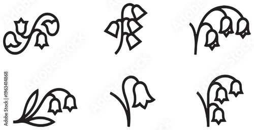 Collection of simple line art illustrations of lily of the valley flowers, perfect for decorative elements.