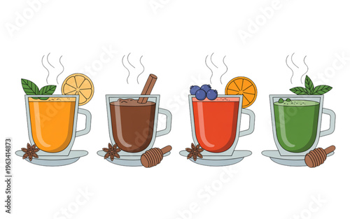 Colorful cartoon drinks with cheerful faces and arms lined up in a row isolated on transparent background