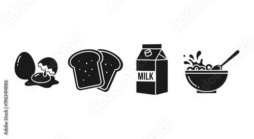 Breakfast Food Icons Set: Eggs, Bread, Milk, and Cereal Bowl