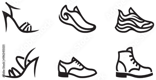 Collection of six different types of footwear icons, including high heels, sneakers, and boots, presented in a clean, minimalist style.