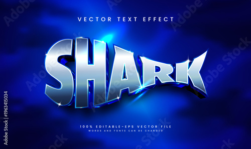 3d Blue shark editable vector text effect, with creature under water theme