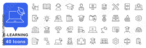 E-learning icon set. Online education icons in line style. Editable web icons for distance study, e-learning, online course, webinar, video tutorial, online lecture. Vector illustration.