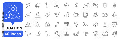 Location and navigation icon set. Location icons in line style. Editable web icons. Pointer, address, marker, position,  map pin, direction, geolocation etc. Vector illustration.