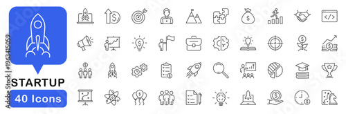 Startup icon set. Development icons in line style. Editable web icons for launch project, innovation, idea, strategy, funding, development business etc. Vector illustration.
