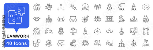 Teamwork icon set. Cooperation icons in line style. Editable web icons for team, partnership, collaboration, work group, management, working together etc. Vector illustration.
