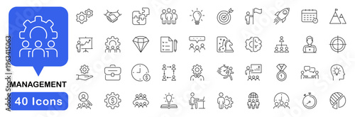Management icon set. Organisation business icons in line style. Editable web icons for business, marketing, planning, support, vision, project, work etc. Vector illustration.