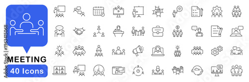 Meeting in line style set. Editable web icons for conference, business meating, discussion, planning, event, teamwork, seminar etc. Vector illustration.