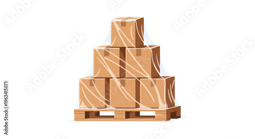 Seven brown cardboard boxes are stacked on a wooden pallet and wrapped in clear plastic against a white background.