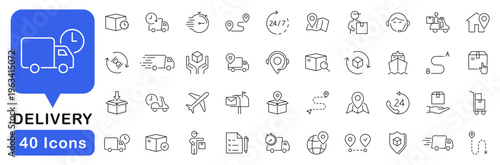 Delivery icon set. Shipping icons in line style. Editable web icons for delivery services, transportation, logistics, package tracking, ecommerce. Vector illustration.