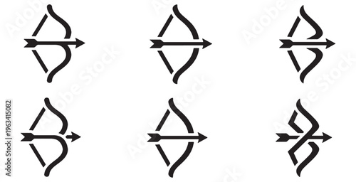 Collection of six stylized bow and arrow icons in black and white, representing archery and precision.