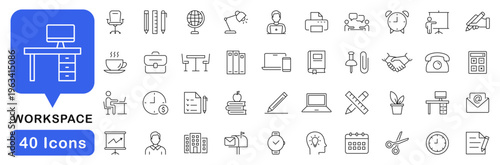 Office and workspace icon set. Office icons in line style. Editable web icons for workplace, coworking, work from home, meeting, business Vector illustration.