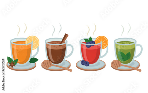 Colorful assortment of five refreshing beverages in glasses with straws isolated on transparent background