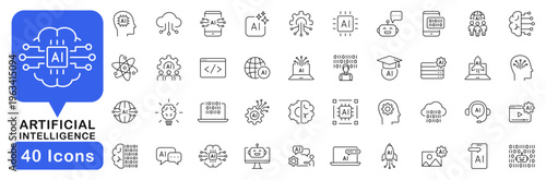 Artificial Intelligence icon set. AI technology icons in line style. Editable web icons for machine Learning, AI essentials, neural network, digital, brainstorming, chatbot etc.  Vector illustration.
