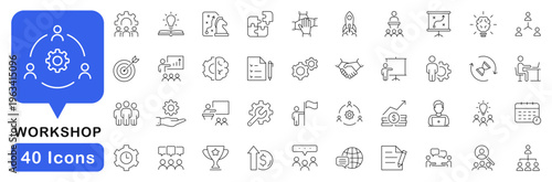 Workshop icon set. Business workshop icons in line style. Editable web icons for teamwork, meeting, training, coaching, collaboration and education. Vector illustration.