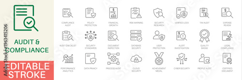 Audit and Compliance line icon set. Featuring data privacy, cyber security, legal compliance, quality assurance, and tax audit. Vector icons for corporate governance and financial projects.