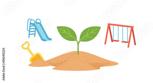 A small green plant grows from a sand mound with a blue slide and red swing set on a white background.