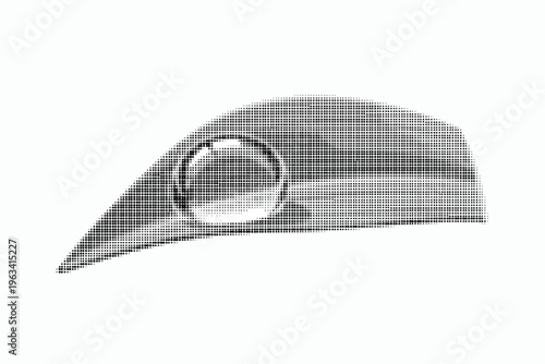 Halftone illustration of car side mirror with pointed tip and circular reflective surface on white