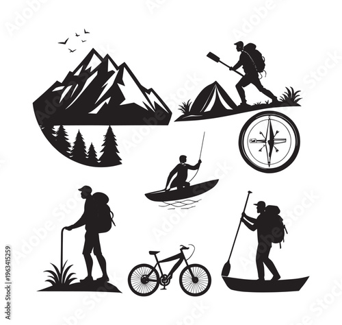 A dynamic compilation of outdoor adventure and exploration silhouettes featuring majestic mountains, dense pine forests, hikers, paddleboarders, a cyclist, and a navigational compass, all against a cl