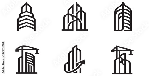 Set of stylized modern building icons with clean lines and geometric shapes.