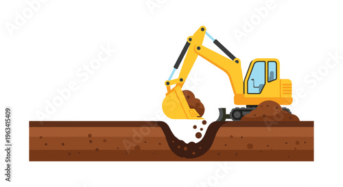 A yellow excavator is digging a deep trench in brown earth, scooping and dropping soil against a white background.