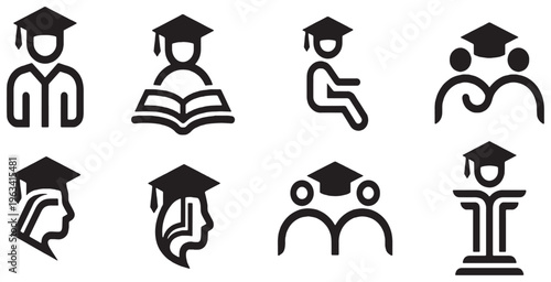 Collection of graduation cap icons representing education, learning, and academic achievement.