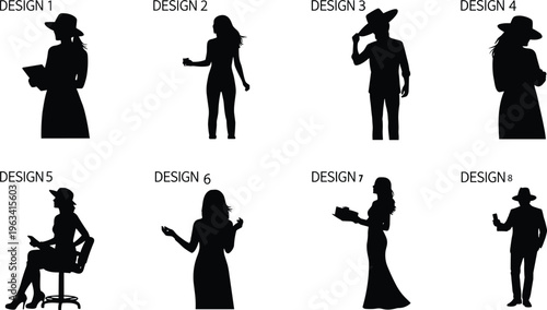 Female silhouettes collection with elegant poses and accessories, women characters in stylish outfits isolated on white background minimal design