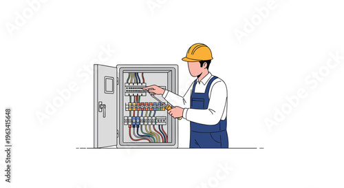 A male electrician in a hard hat and overalls is working on an open electrical panel with colorful wires against a white background.