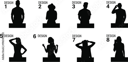 People silhouette bust collection, male and female upper body characters in various poses isolated on white background minimal design