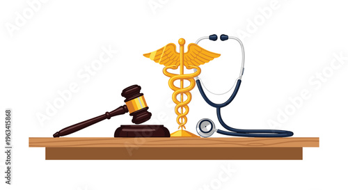 A golden caduceus, a blue stethoscope, and a dark brown gavel are arranged on a light brown wooden tabletop.