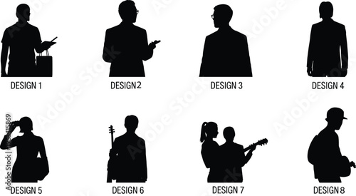 People silhouettes collection including business professionals and musicians, diverse characters with instruments and devices isolated on white background minimal design