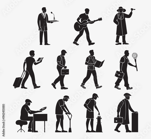 "People silhouettes set, black vector collection of men in various occupations and daily activities, walking working and lifestyle poses"