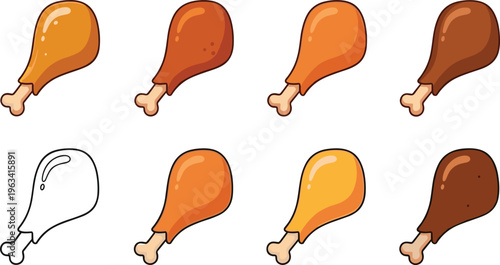 Chicken drumstick collection with different fried and roasted styles, meat food illustration set isolated on white background for restaurant and menu design