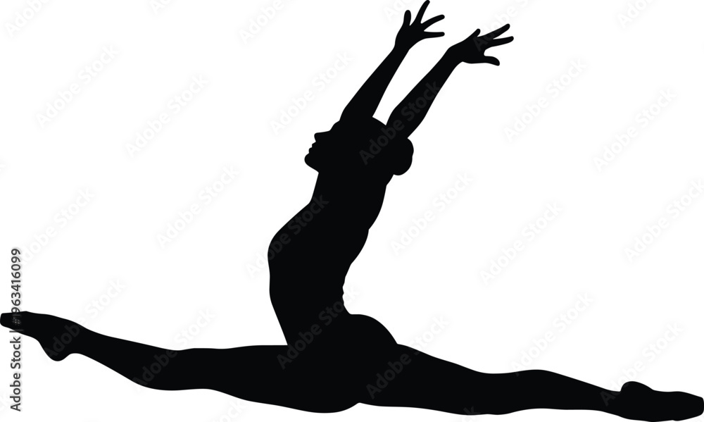 Fototapeta premium Silhouette of female dancer performing split leap jump, flexibility and strength training, graceful movement in gymnastics or ballet fitness concept