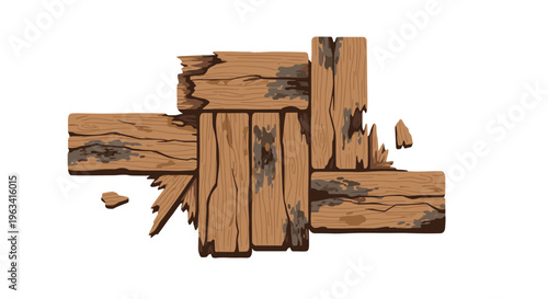Heavily damaged and moldy dark brown wooden planks are scattered in a cross-like pattern on a white background.