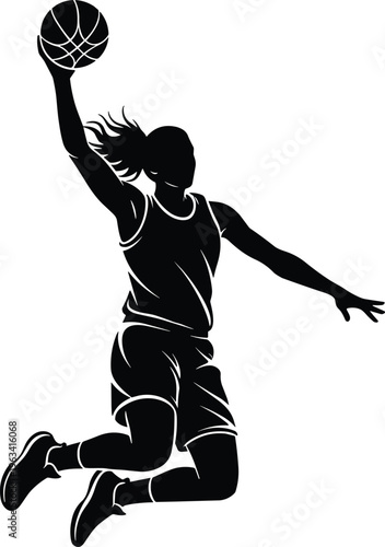 Silhouette of female basketball player jumping for slam dunk, dynamic sports action, athletic motion, fitness training, game performance vector illustration