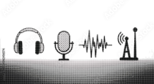 halftone illustration of headphones microphone sound wave and radio tower on white background