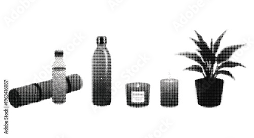 Halftone illustration of household items and a potted plant on white background