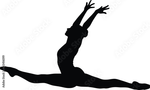Silhouette of female dancer performing split leap jump, flexibility and strength training, graceful movement in gymnastics or ballet fitness concept