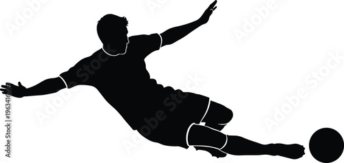 Silhouette of soccer player sliding tackle, football action pose, dynamic sports movement, athlete performance, game moment vector illustration design