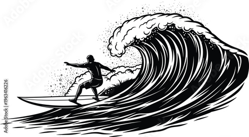 Silhouette of surfer riding big ocean wave, dynamic water sport action, extreme surfing, adventure lifestyle, powerful motion vector illustration design