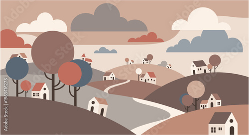 Whimsical village landscape in flat illustration style with warm earthy tones and soft natural lighting for travel brochure