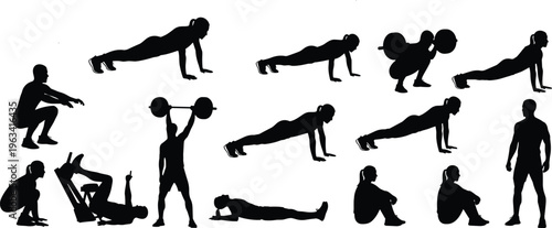 Silhouettes of athletes performing squats, push-ups, sit-ups, planks, and weightlifting poses showcasing workout routines, strength, and conditioning