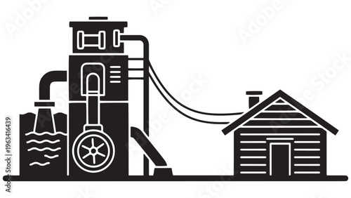 Monochromatic illustration of a vintage water pump system drawing water from a source and supplying it to a small rural house, depicting essential infrastructure and plumbing.