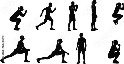 Silhouettes of athletes performing fitness exercises including squatting, running, boxing, lunging, and jumping poses for workout illustration