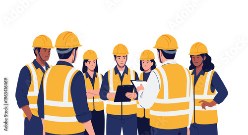 Seven construction workers in yellow hard hats and safety vests are gathered in a discussion on a white background.