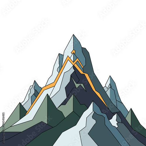 A stylized, abstract illustration of a mountain range with geometric shapes in various shades of green, blue, and orange, evoking a sense of modernity