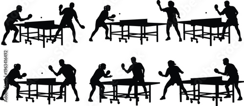 Silhouettes of athletes playing table tennis in dynamic poses with paddles and ball showcasing sports motion, fitness, and competition