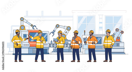 Six male factory workers in hard hats and safety vests are standing in a modern industrial setting with automated machinery.